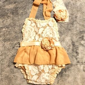 Issa Bugs Boutique Tan Ivory Boho Lace Romper, Sash and Headband 9-12mo